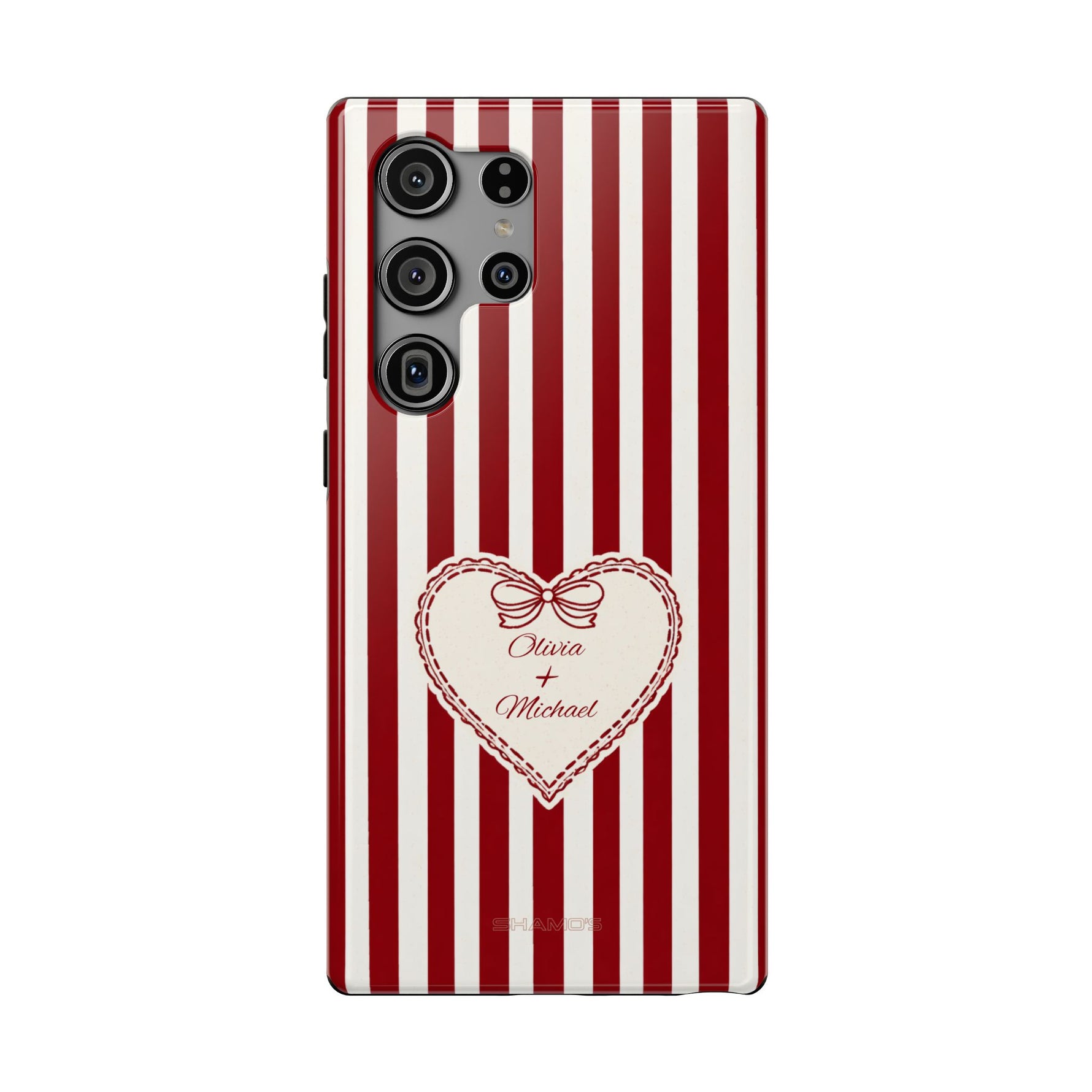 Funda personalizada a rayas — Diseño de corazón rojo y blanco (nombres personalizados)