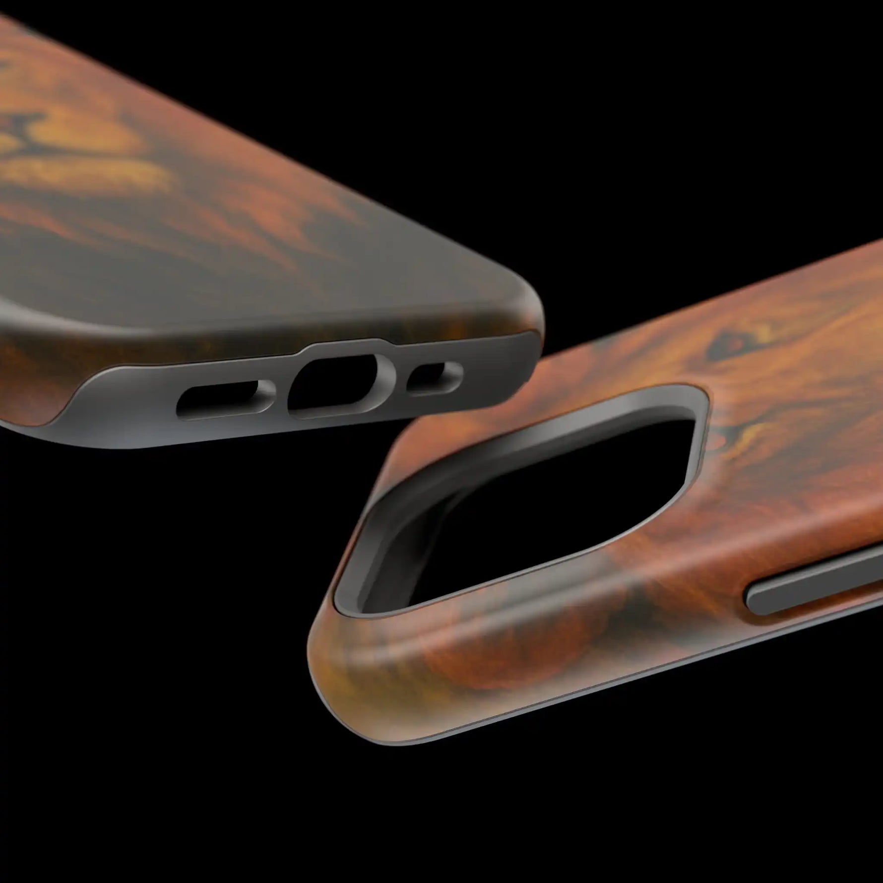Close-up of two wood grain phone case variants showing camera and charging port cutouts
