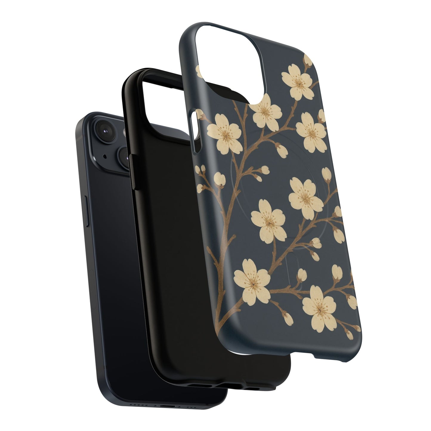Navy Cherry Blossom Floral iPhone Case - Compatible with MagSafe