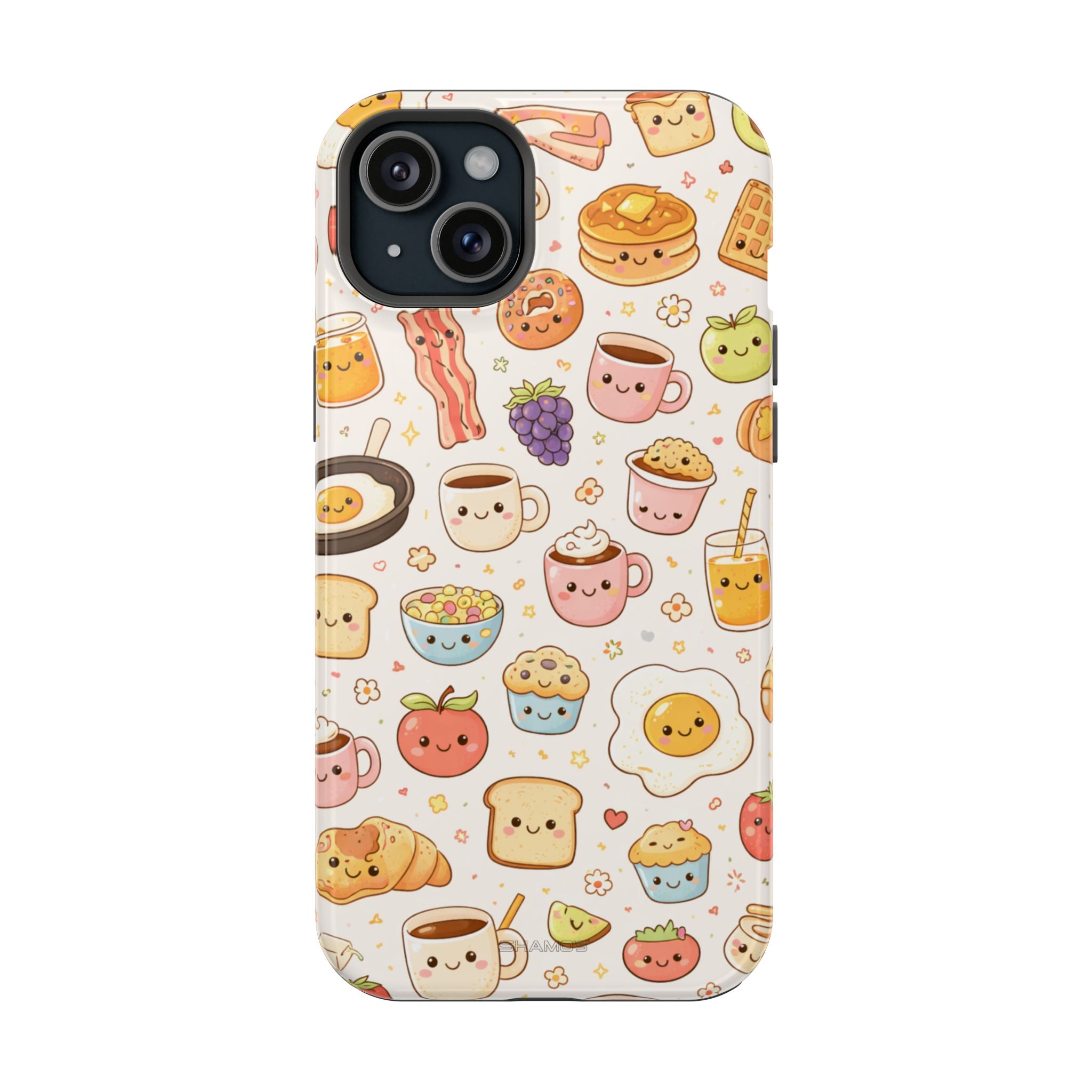 Kawaii Breakfast Pattern Magnetic Phone Case, Cute Cartoon Food Impact-Resistant Cover, MagSafe Compatible - iPhone 15 Plus / Glossy - Shamo's