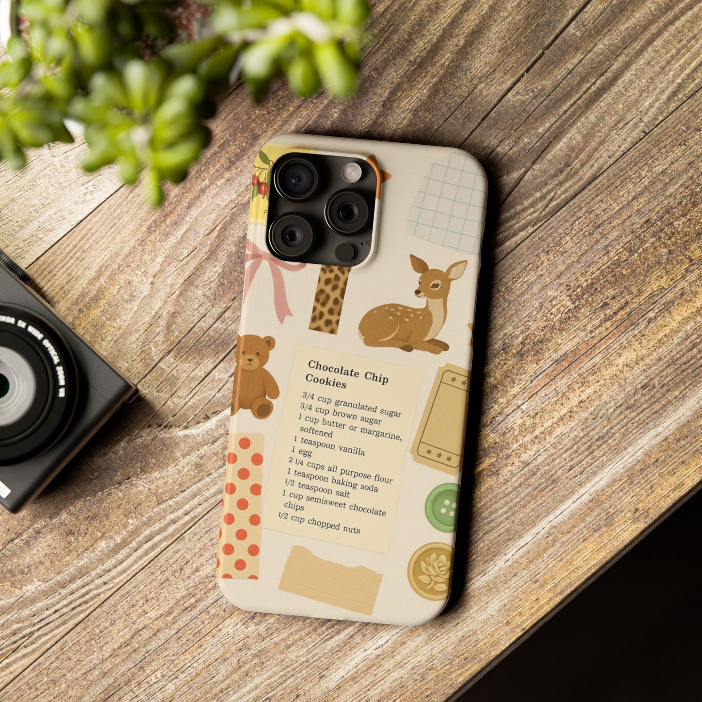 Slim iPhone Case — Cozy Baking & Teddy Pattern (Recipe, Deer, Buttons)