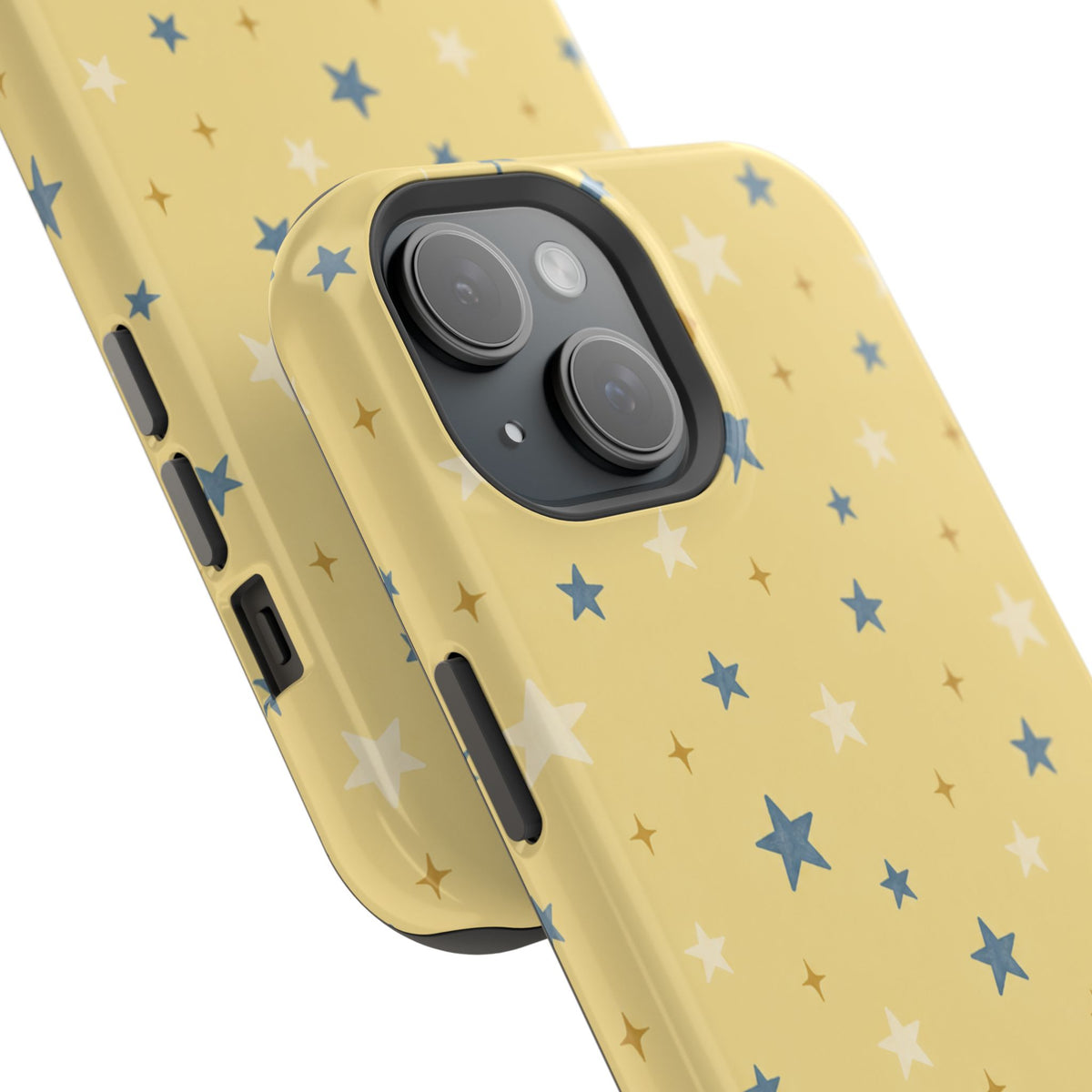 Prairie Stars – Yellow and Blue Star MagSafe Phone Case, glossy diagonal dual-camera model, camera and side-button close-up