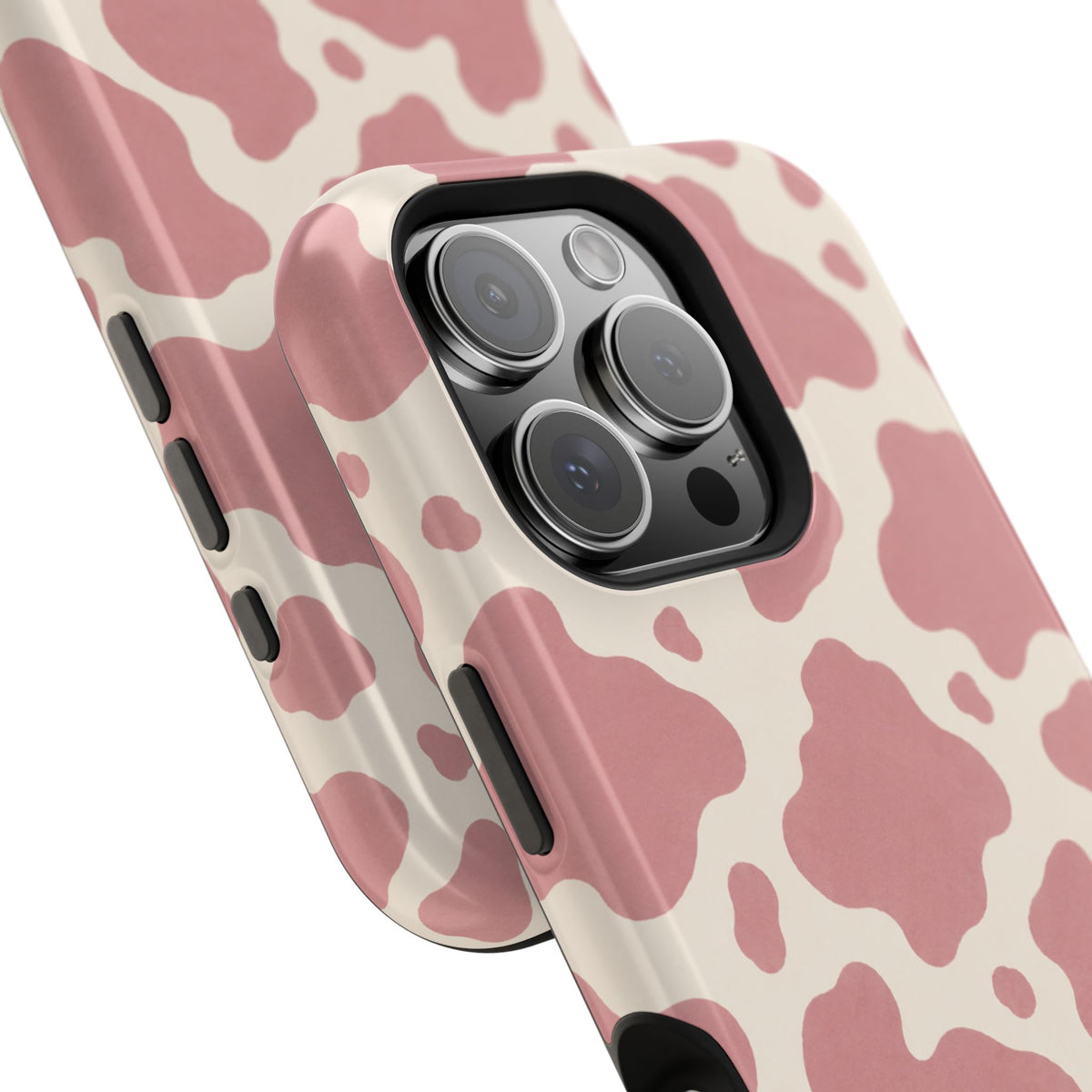 Rose Cowprint – Pink Cow Print MagSafe Phone Case, glossy square triple-camera Pro model, camera and side-button close-up