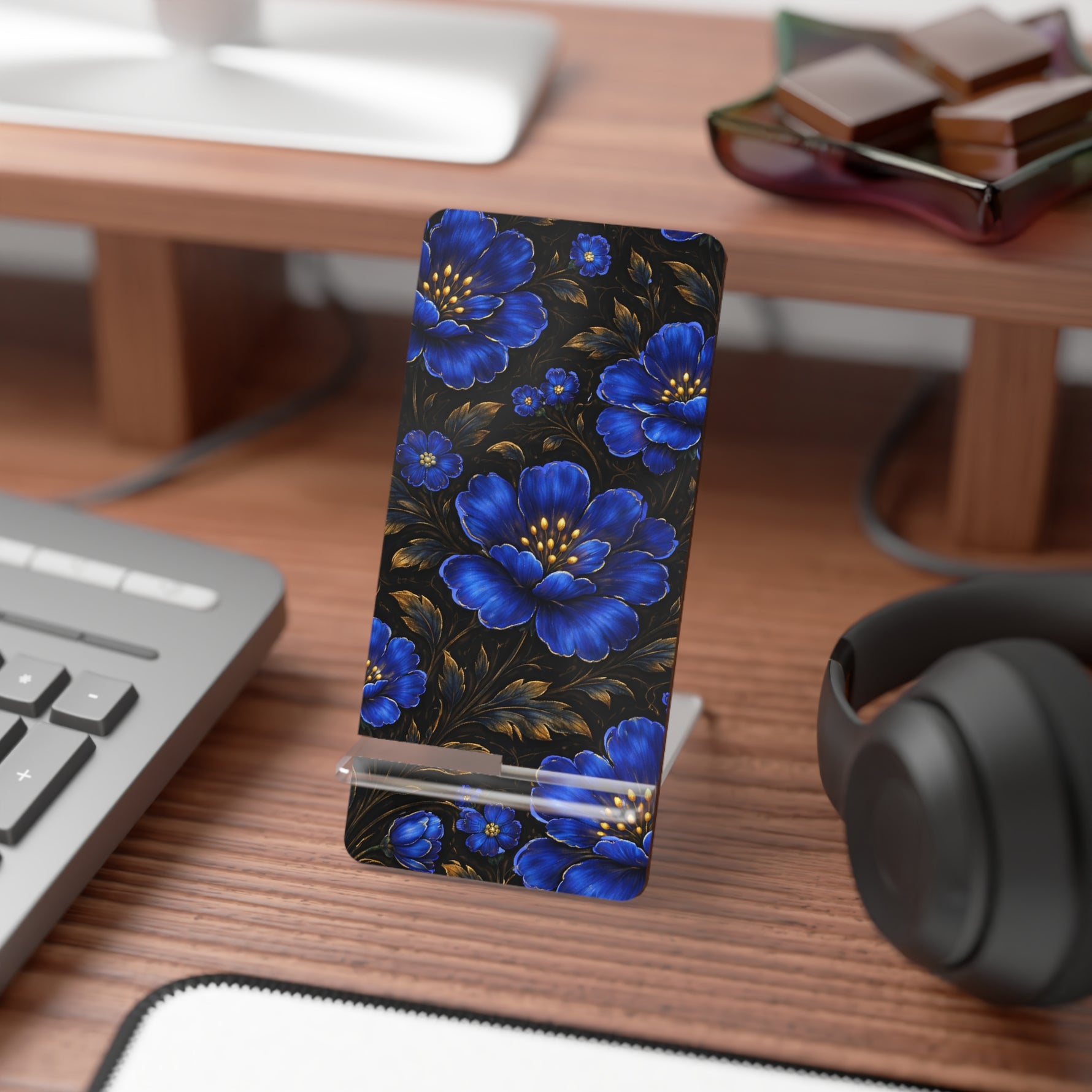 Blue Floral Phone Stand — Decorative Mobile Display Stand for Smartphones - 2.8" x 5.9" / Glossy - Shamo's