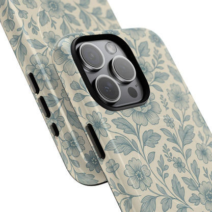 Vintage Blue Floral Tough Case for iPhone - Compatible with MagSafe