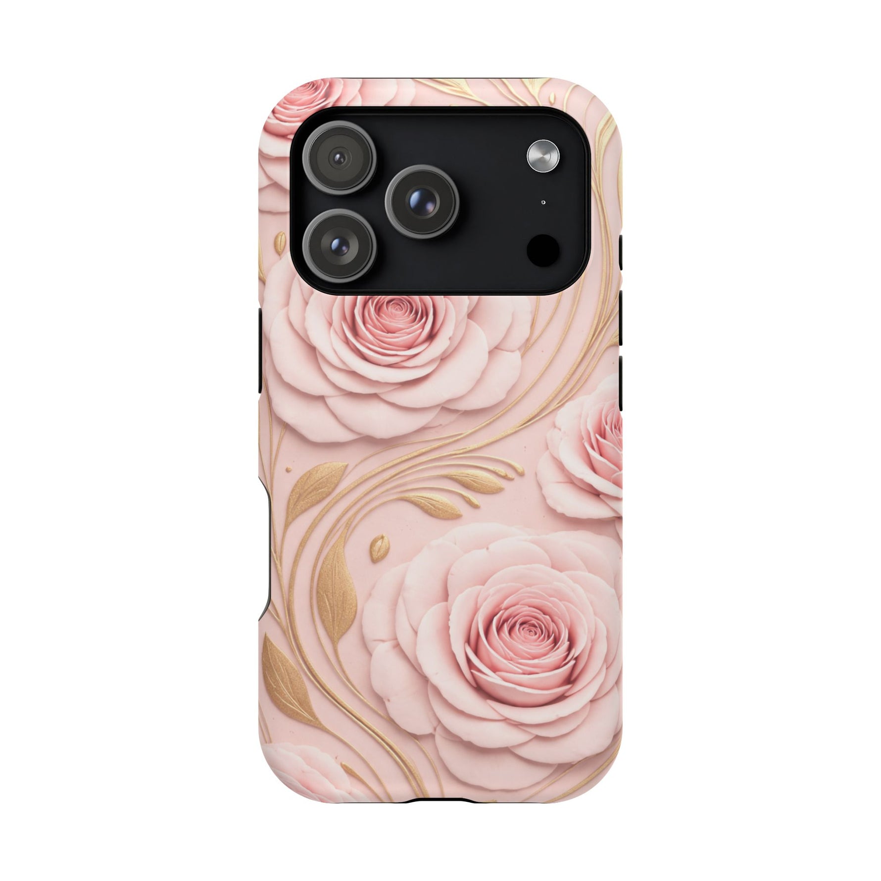 Floral Pink Rose MagSafe iPhone Case, Gold Leaf Magnetic Impact-Resistant