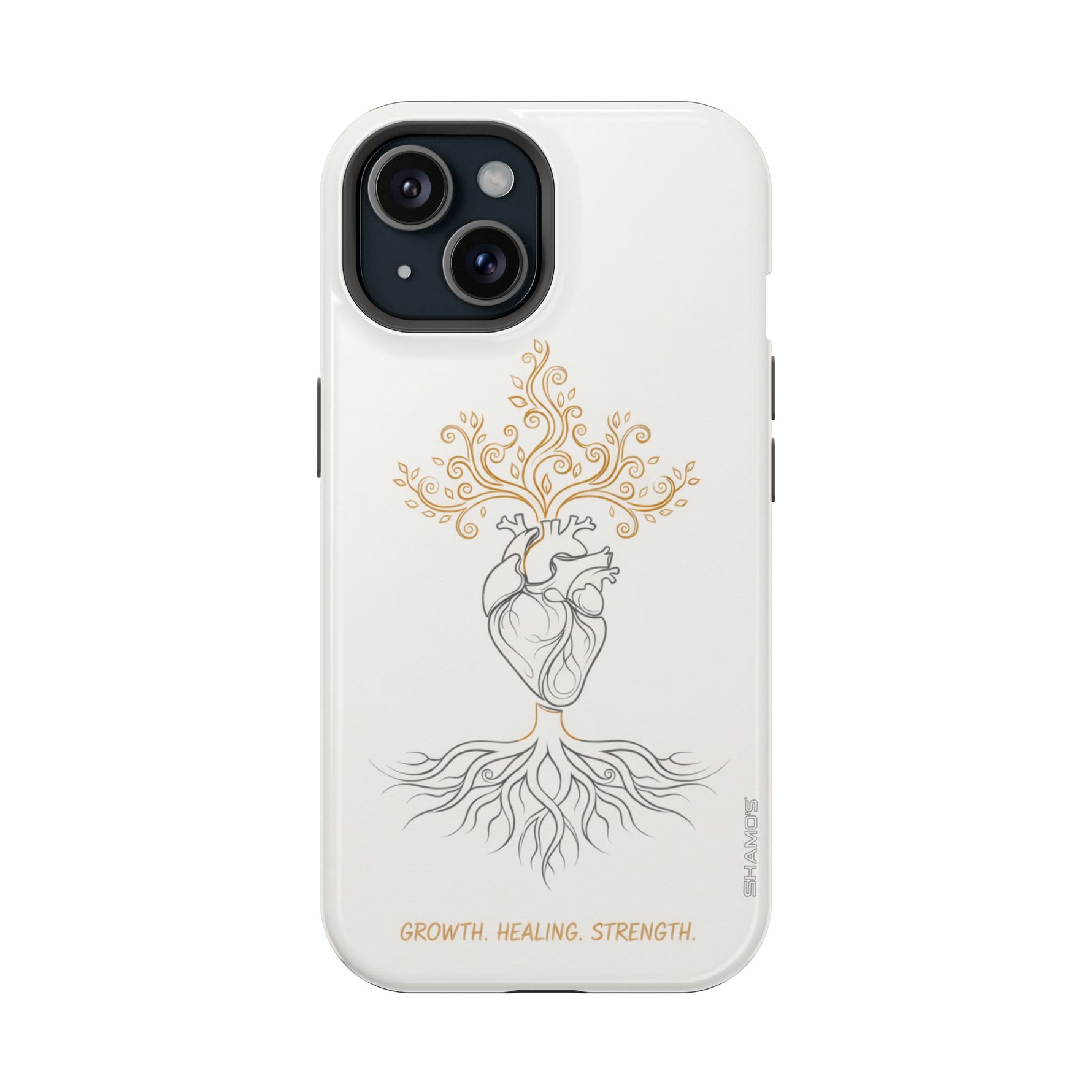Minimalist Impact-Resistant iPhone Case, Heart Root Illustration ("Growth. Healing. Strength.") MagSafe Compatible - iPhone 15 / Glossy - Shamo's