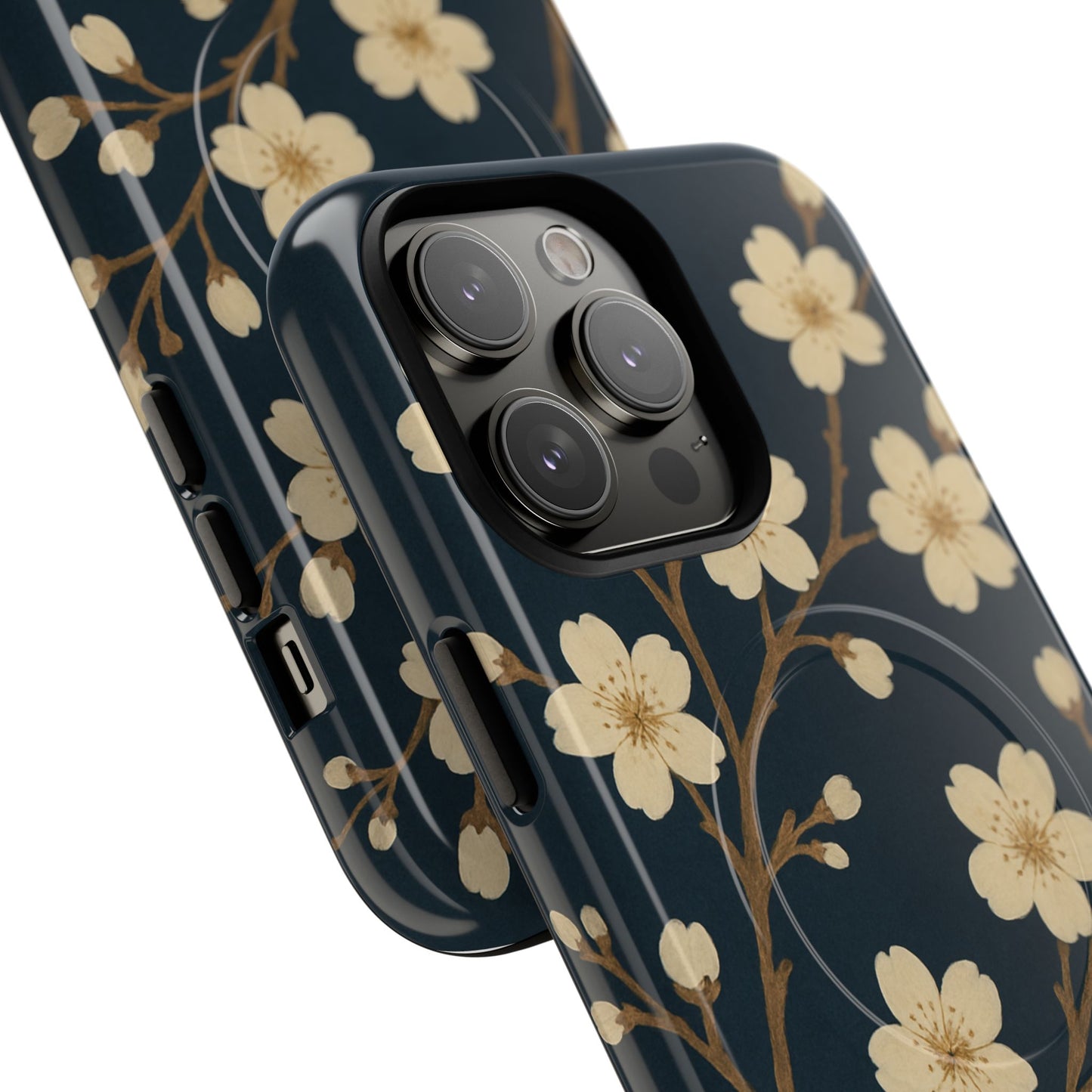 Navy Cherry Blossom Floral iPhone Case - Compatible with MagSafe