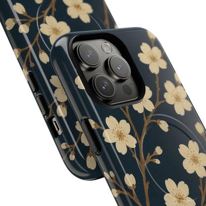 Navy Cherry Blossom Floral iPhone Case - Compatible with MagSafe