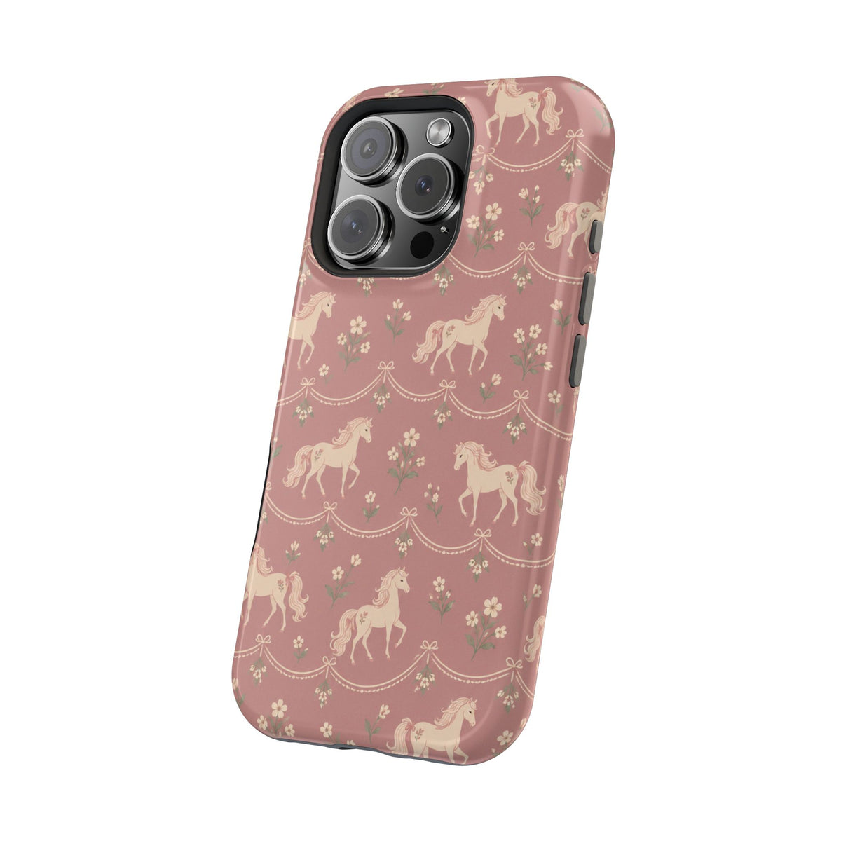 Rose Ponies MagSafe Phone Case, glossy square triple-camera Pro model, angled rear view