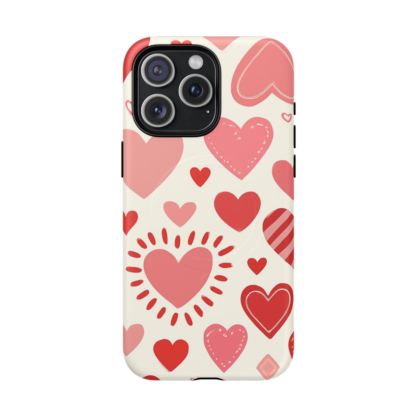 Heart Pattern Tough iPhone Case — Cute Red & Pink Hearts Protective Cover (MagSafe compatible)