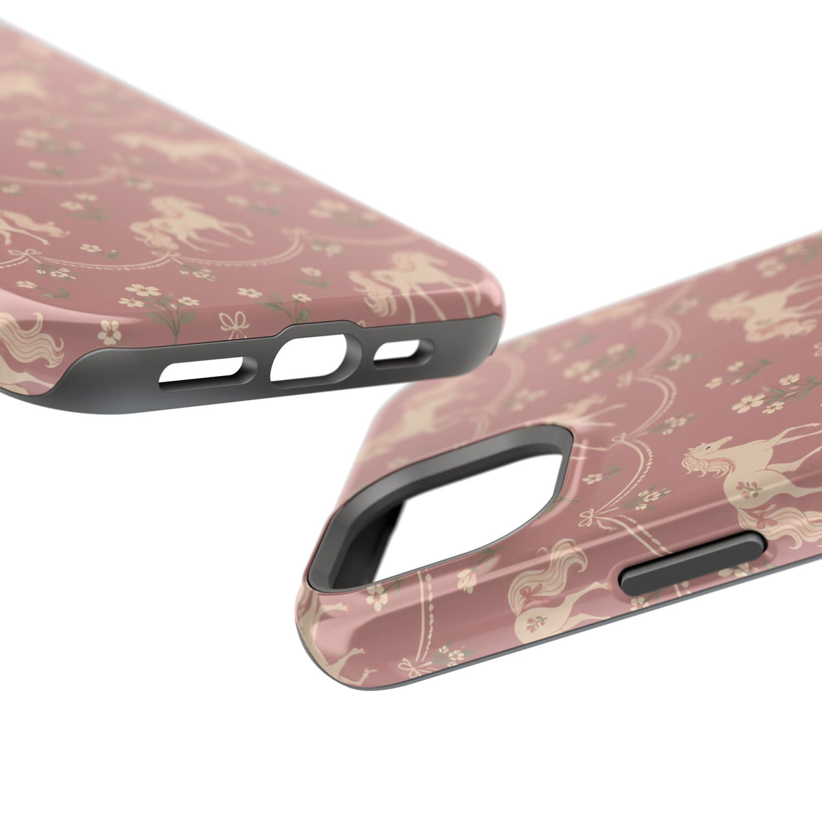 Rose Ponies MagSafe Phone Case, glossy diagonal dual-camera model, port openings and edge details
