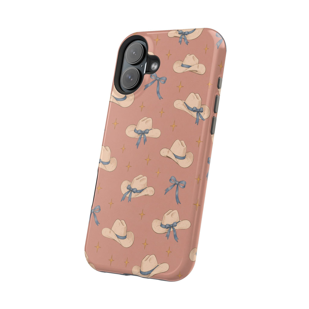 Ribbon Rodeo – Cowgirl Hat and Bow MagSafe Phone Case, Pink, glossy vertical dual-camera model, angled rear view