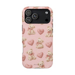 Pink Teddy Hearts Love iPhone Case, Impact-Resistant MagSafe Compatible