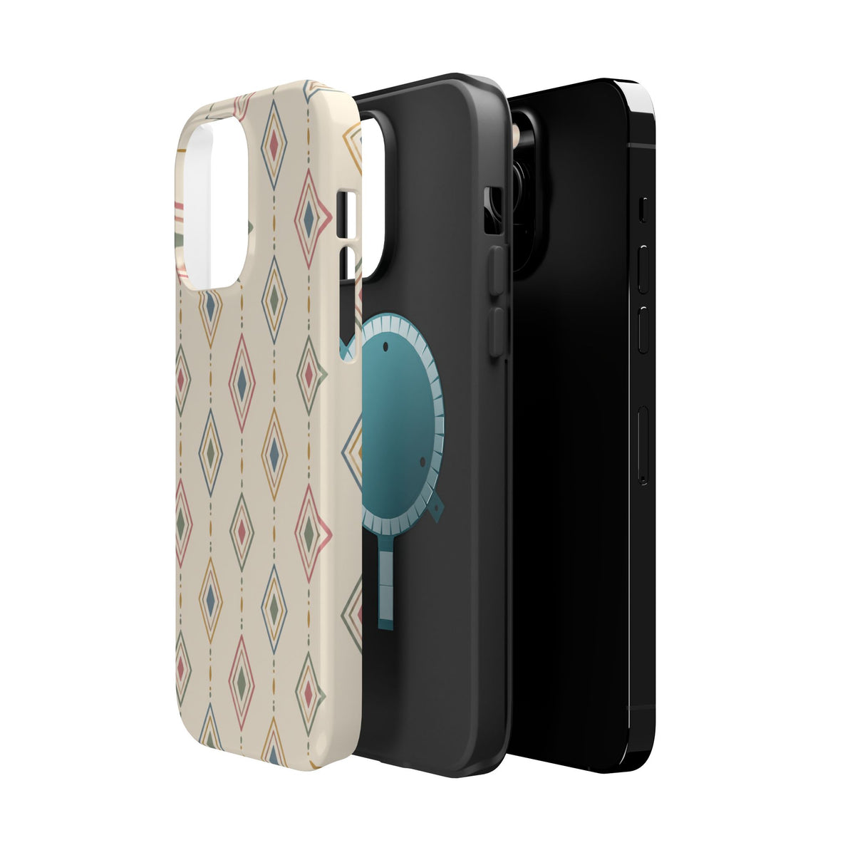 Desert Diamonds – Pastel Geometric Pattern MagSafe Phone Case, glossy square triple-camera Pro model, exploded shell and liner with magnetic ring