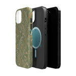 Golden Meadow – Sage Green Wildflower MagSafe Phone Case, glossy diagonal dual-camera model, exploded shell and liner with magnetic ring