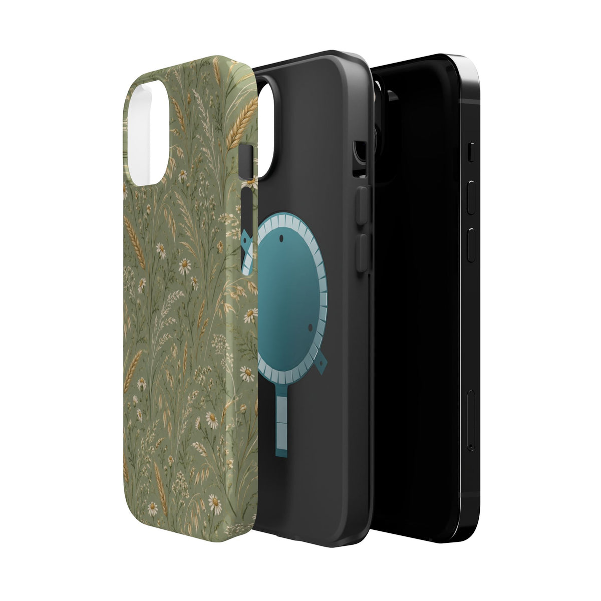 Golden Meadow – Sage Green Wildflower MagSafe Phone Case, glossy diagonal dual-camera model, exploded shell and liner with magnetic ring