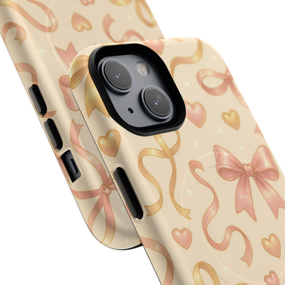 Festive Bow Charm iPhone Case — Pink & Gold Ribbon Hearts with MagSafe