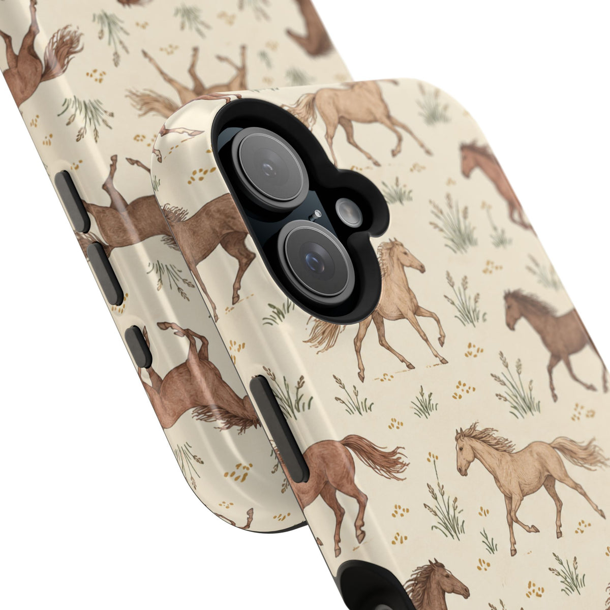 Wild Mustangs – Western Horse Pattern MagSafe Phone Case, glossy vertical dual-camera model, camera and side-button close-up
