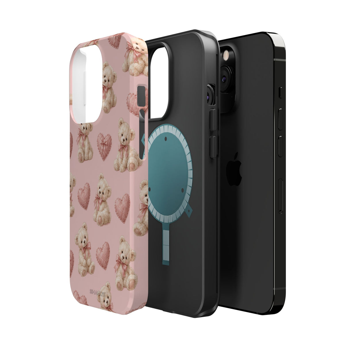Pink Teddy Hearts Love iPhone Case, Impact-Resistant MagSafe Compatible