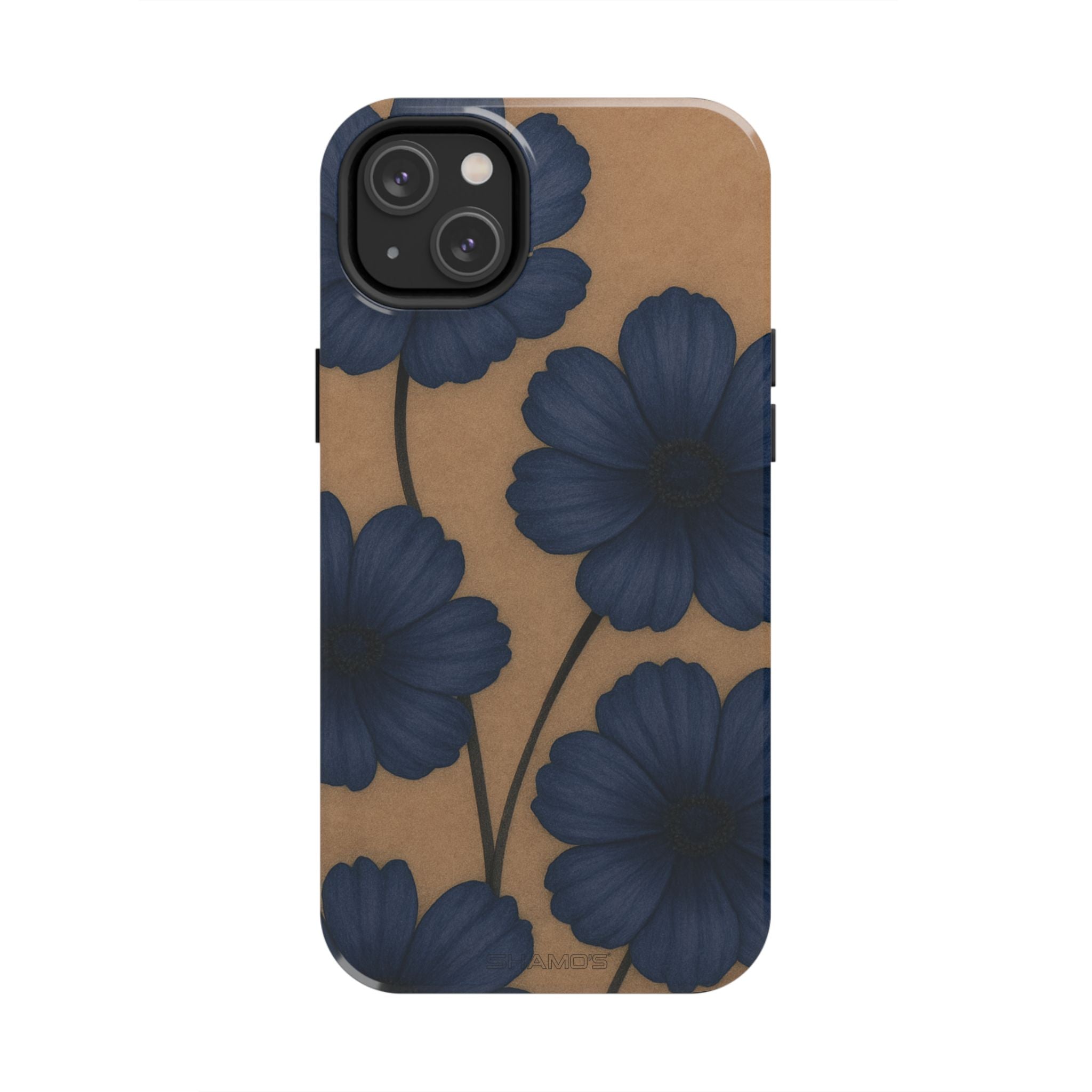 Phone case with large navy blue flowers and slender stems on a tan background