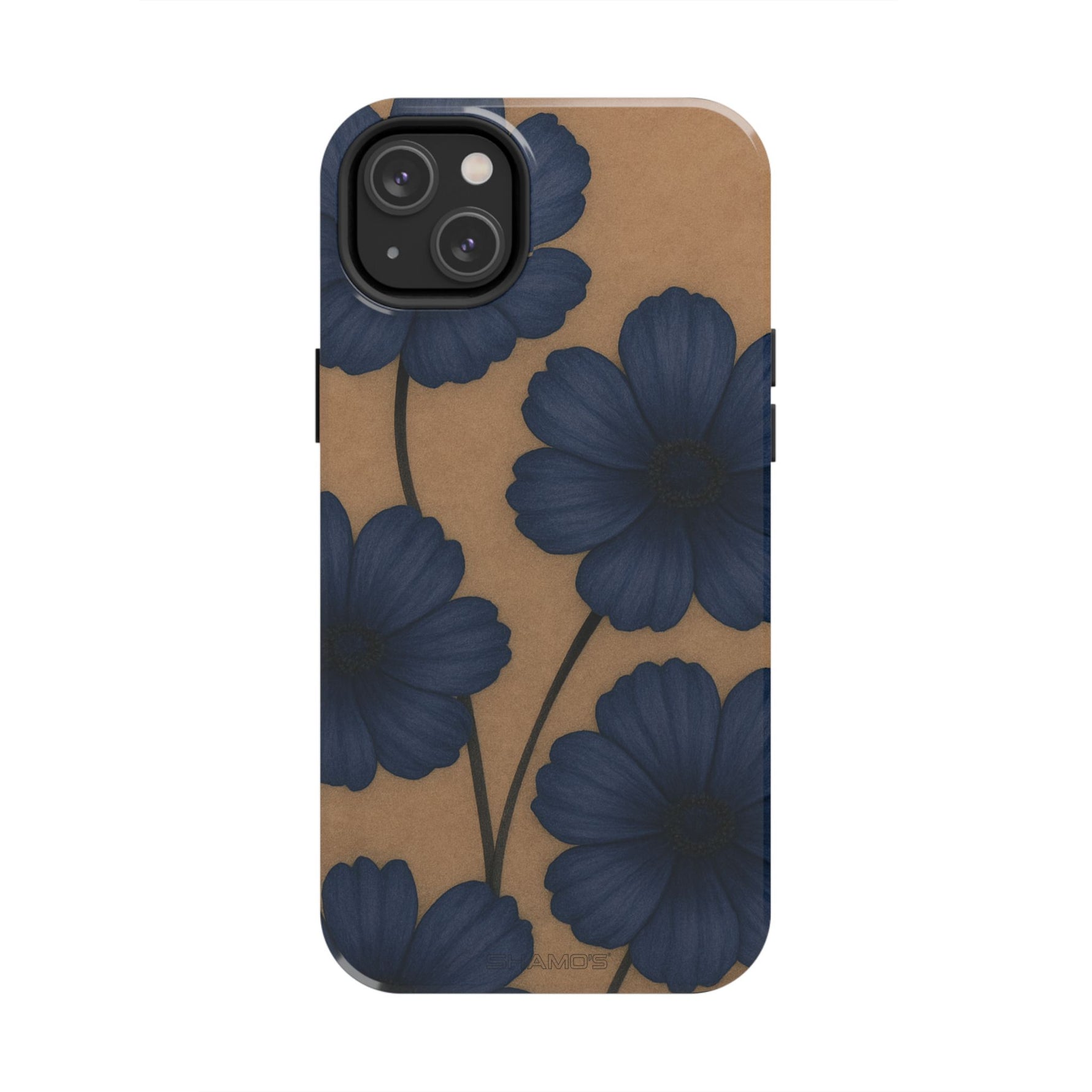 Navy Floral Tough Phone Case — Durable Protective Case with Blue Flowers on Kraft Background
