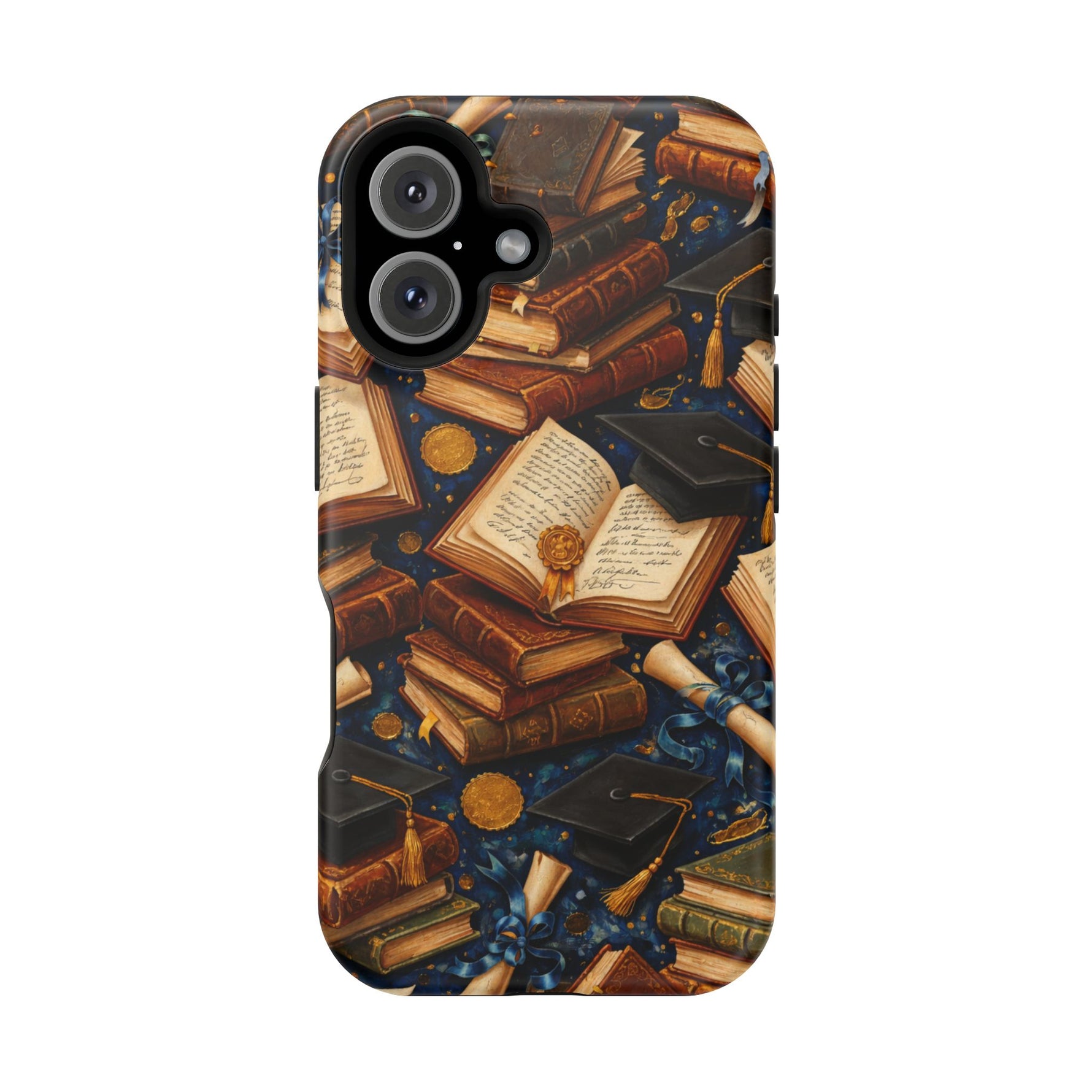 Vintage Books & Graduation Caps MagSafe Phone Case, Impact-Resistant Graduation Gift - iPhone 16 / Matte - Shamo's