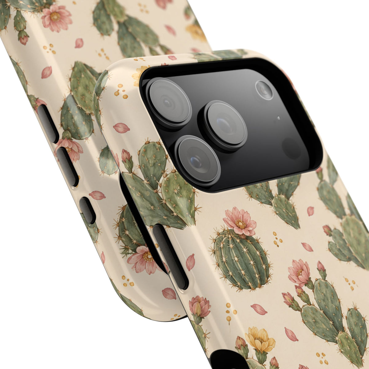 Cactus Bloom – Sage Green Floral Cactus MagSafe Phone Case, glossy compact wide-camera Pro model, camera and side-button close-up