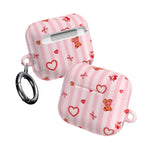 Pink Teddy Hearts AirPod Case, Cute Striped Protective Cover