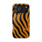 Tiger print iPhone case showing camera cutout and sleek design with variant size