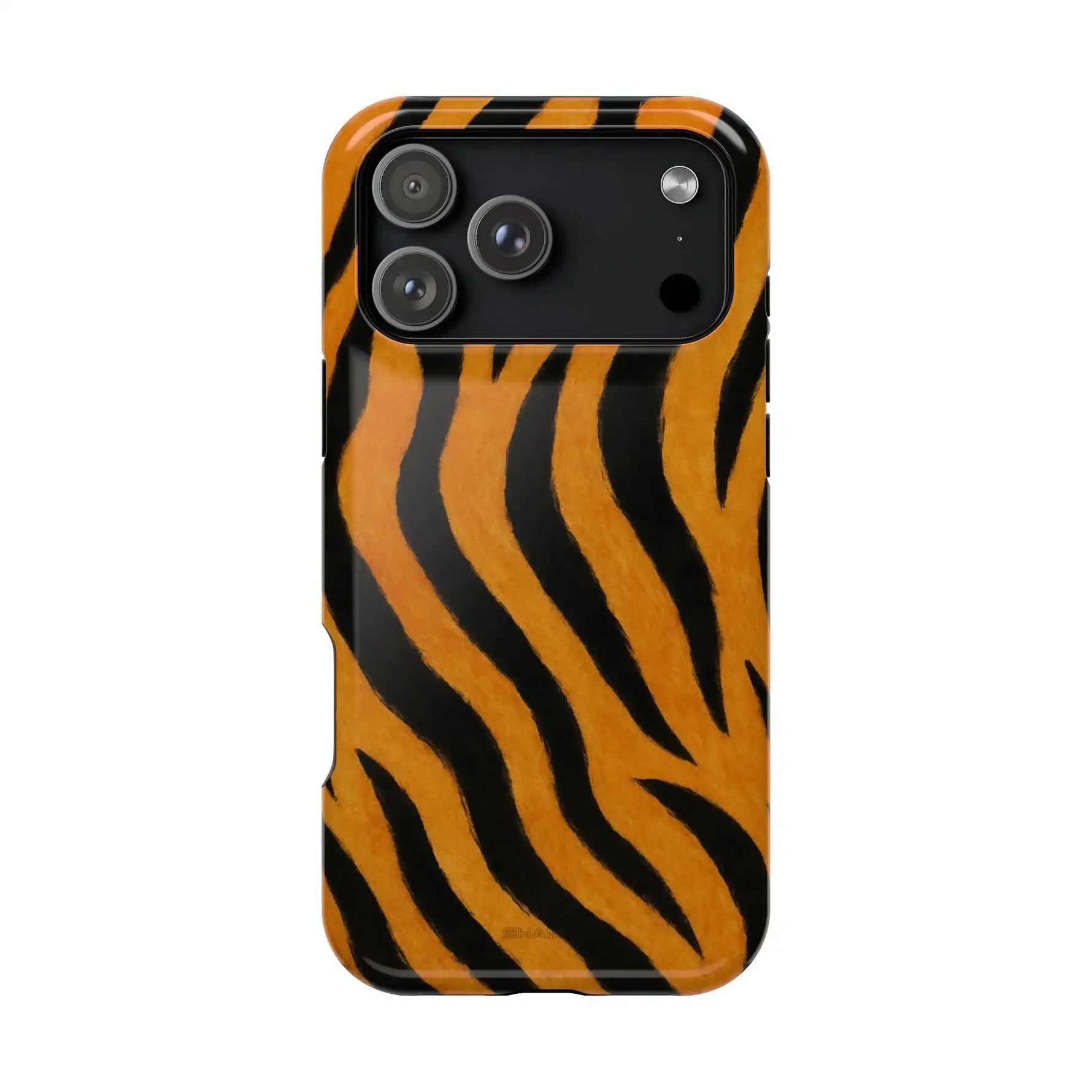 Tiger print iPhone case showing camera cutout and sleek design with variant size