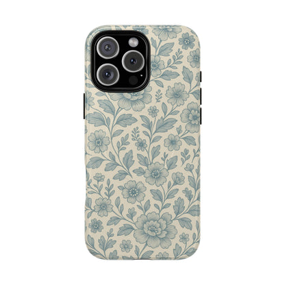 Vintage Blue Floral Tough Case for iPhone - Compatible with MagSafe