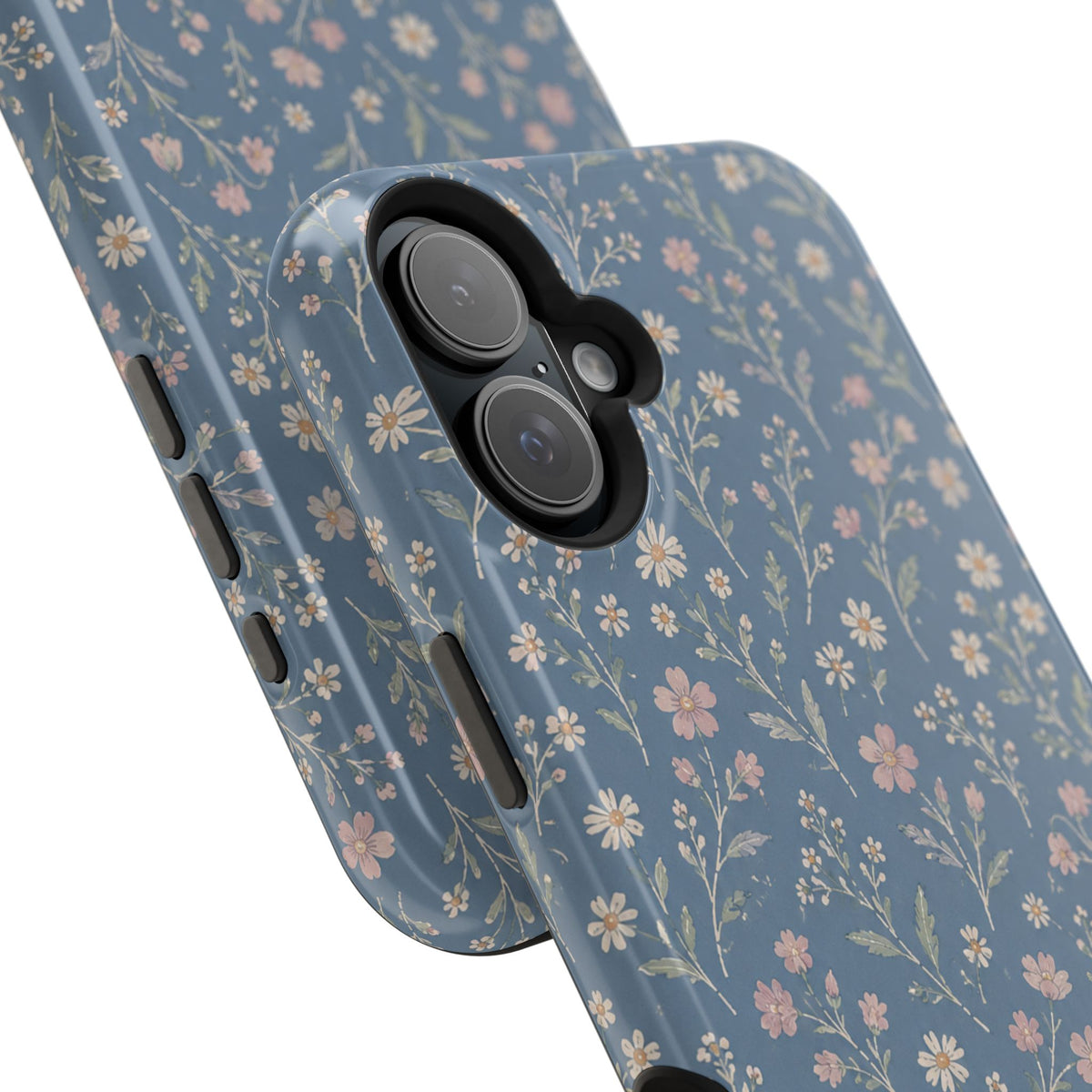 Denim Wildflowers MagSafe Phone Case, glossy vertical dual-camera model, camera and side-button close-up