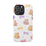 Cute teddy bear phone case with pastel bows and hearts pattern for iPhone variant size