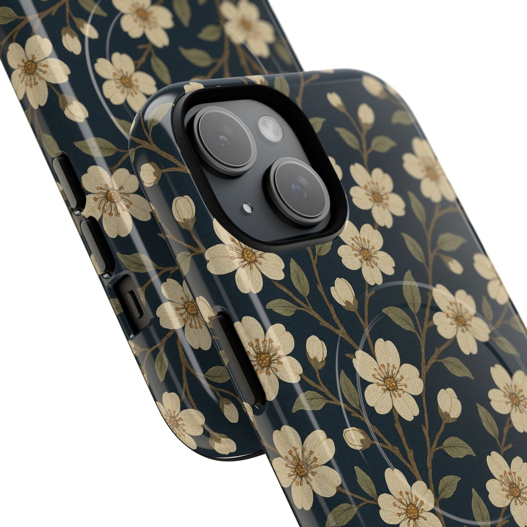 Navy Cherry Blossom Floral iPhone Case - Compatible with MagSafe - Shamo's