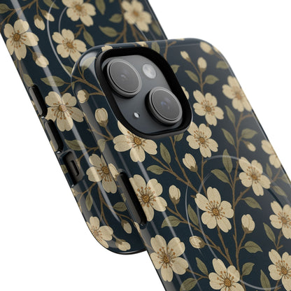 Navy Cherry Blossom Floral iPhone Case - Compatible with MagSafe