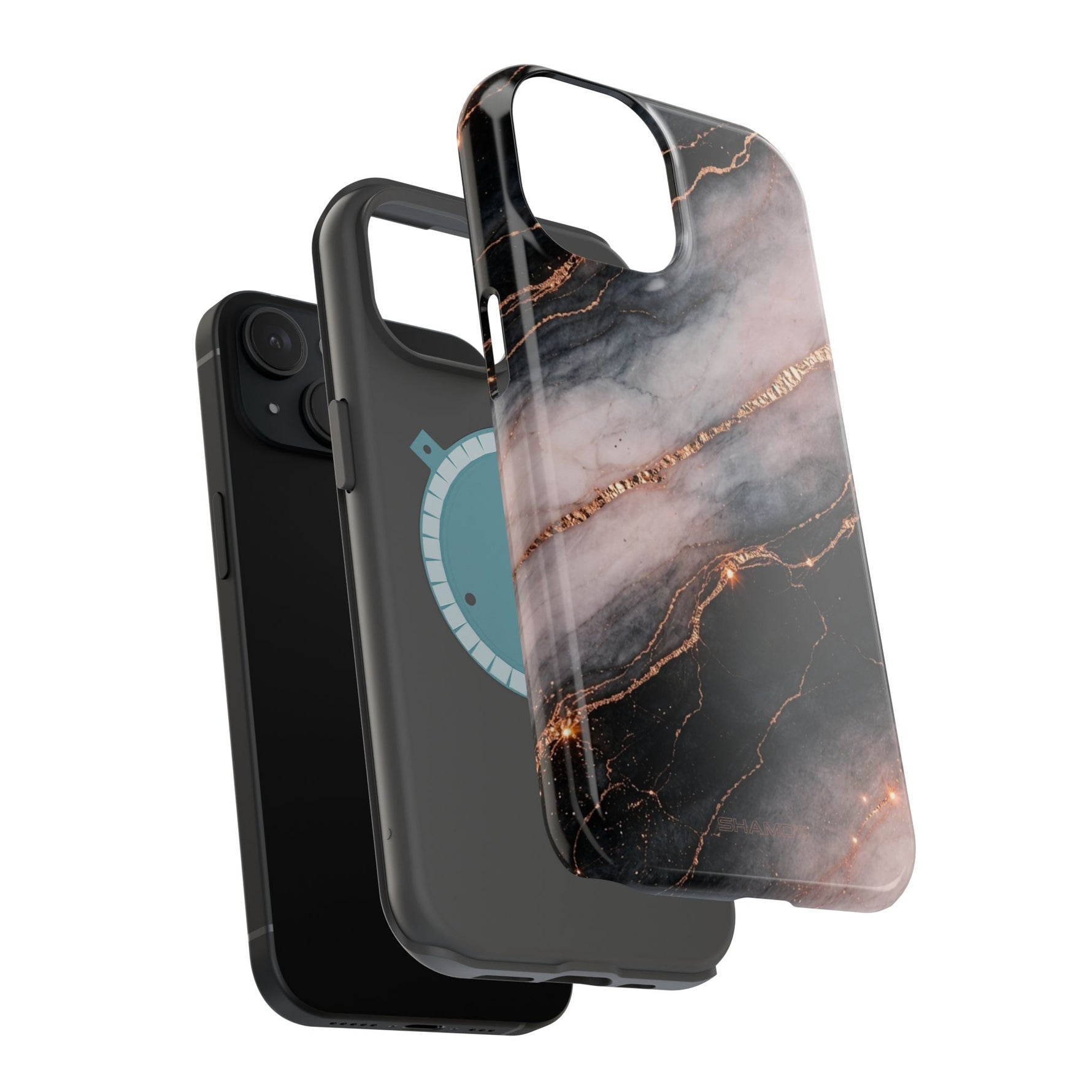 Marbled Black & Rose Gold Magnetic MagSafe Compatible Phone Case — Impact-Resistant