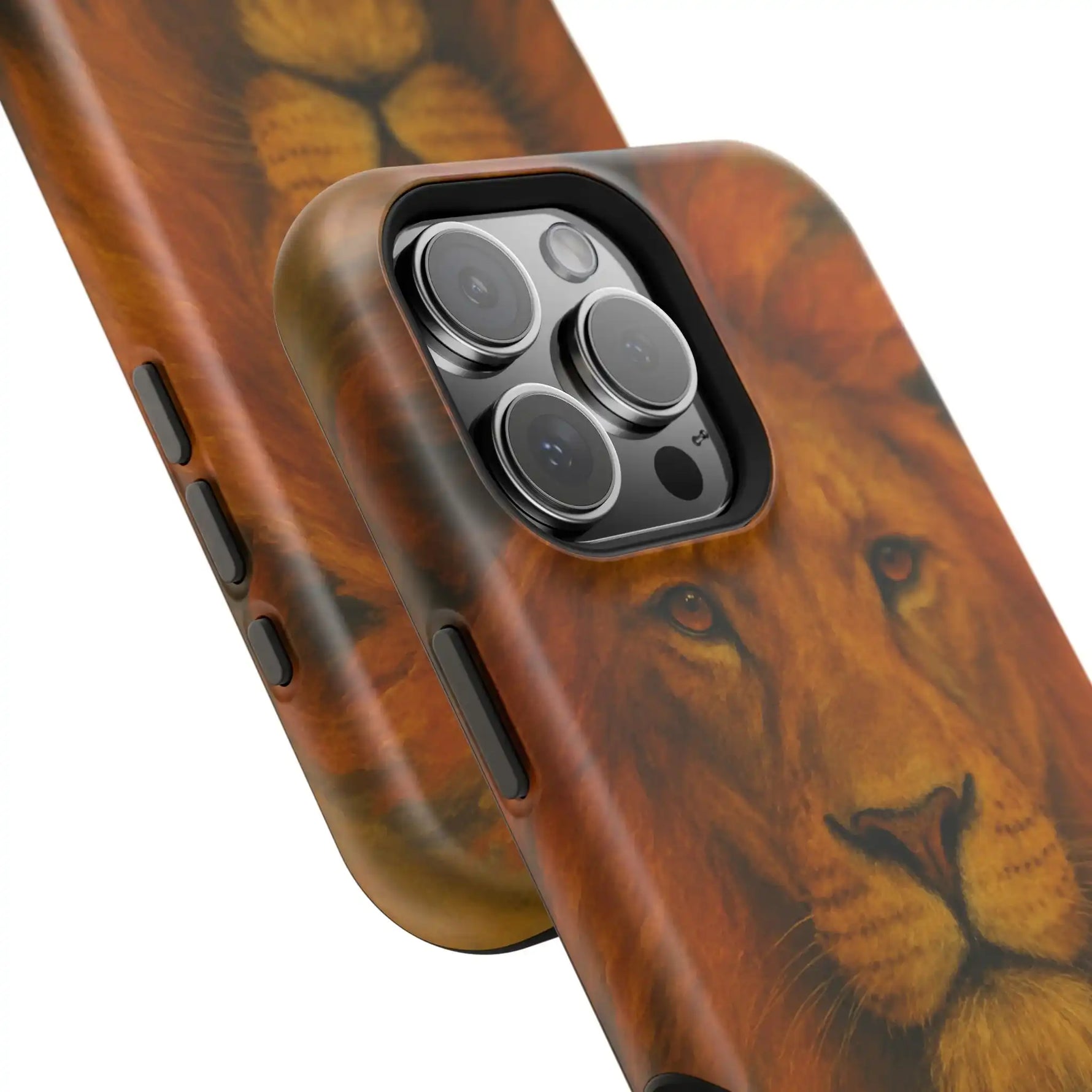 Two sizes of phone cases with realistic lion face art and camera cutouts for smartphone protection