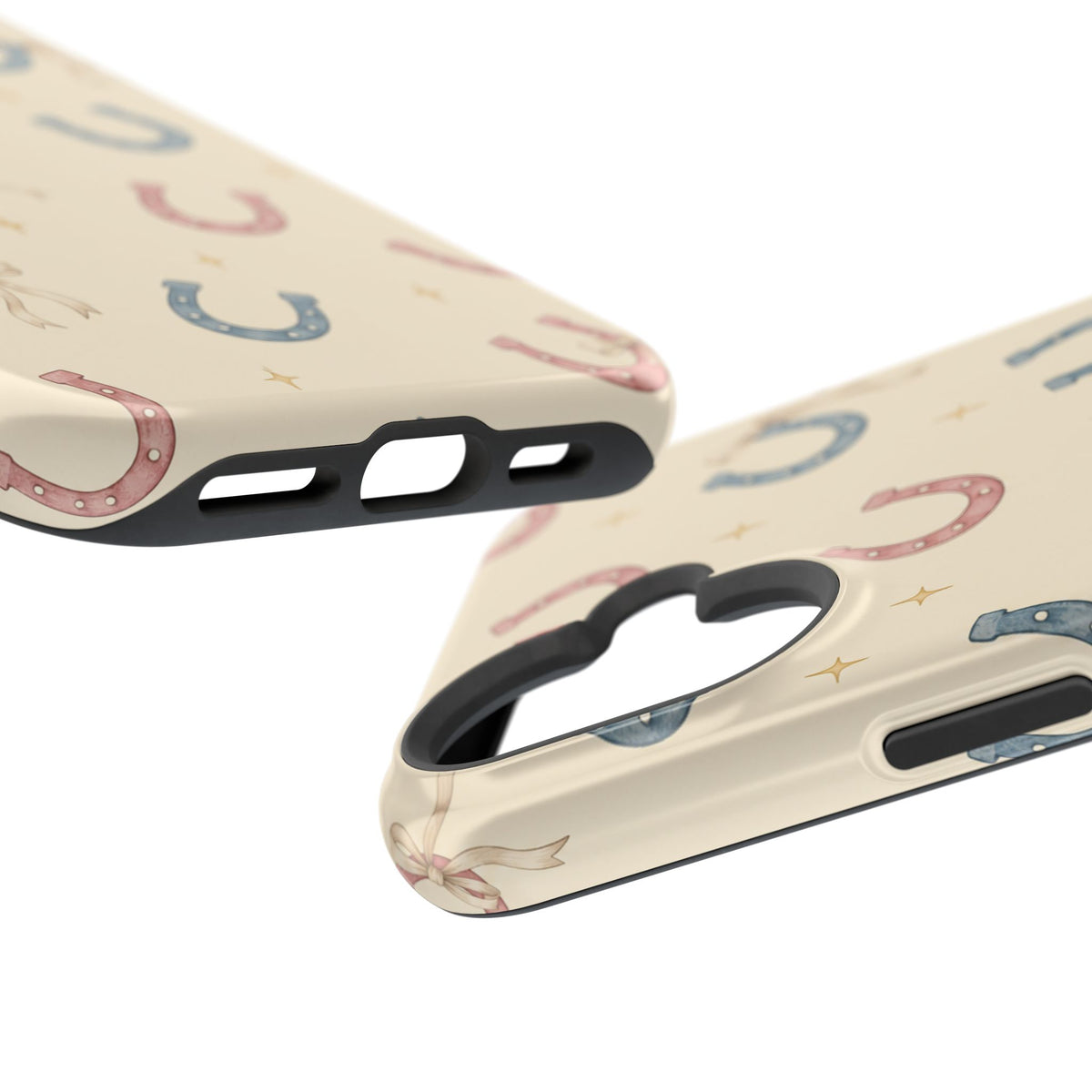 Prairie Horseshoes MagSafe Phone Case, glossy vertical dual-camera model, port openings and edge details
