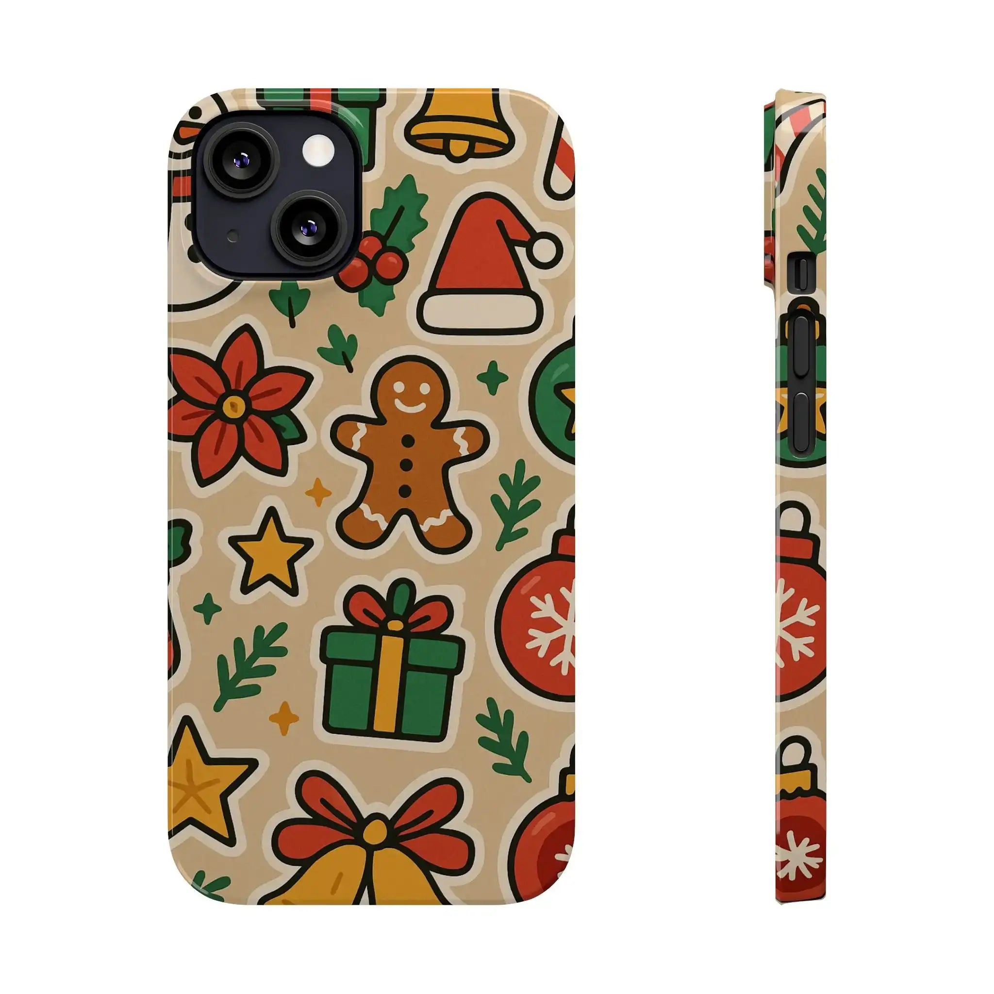 Holiday Pattern Slim iPhone Case — Gingerbread, Santa Hat & Gifts Holiday Design  Shamo's iPhone 13