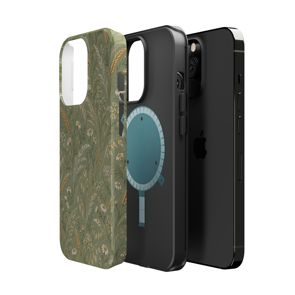 Golden Meadow – Sage Green Wildflower MagSafe Phone Case, glossy square triple-camera Pro model, exploded shell and liner with magnetic ring