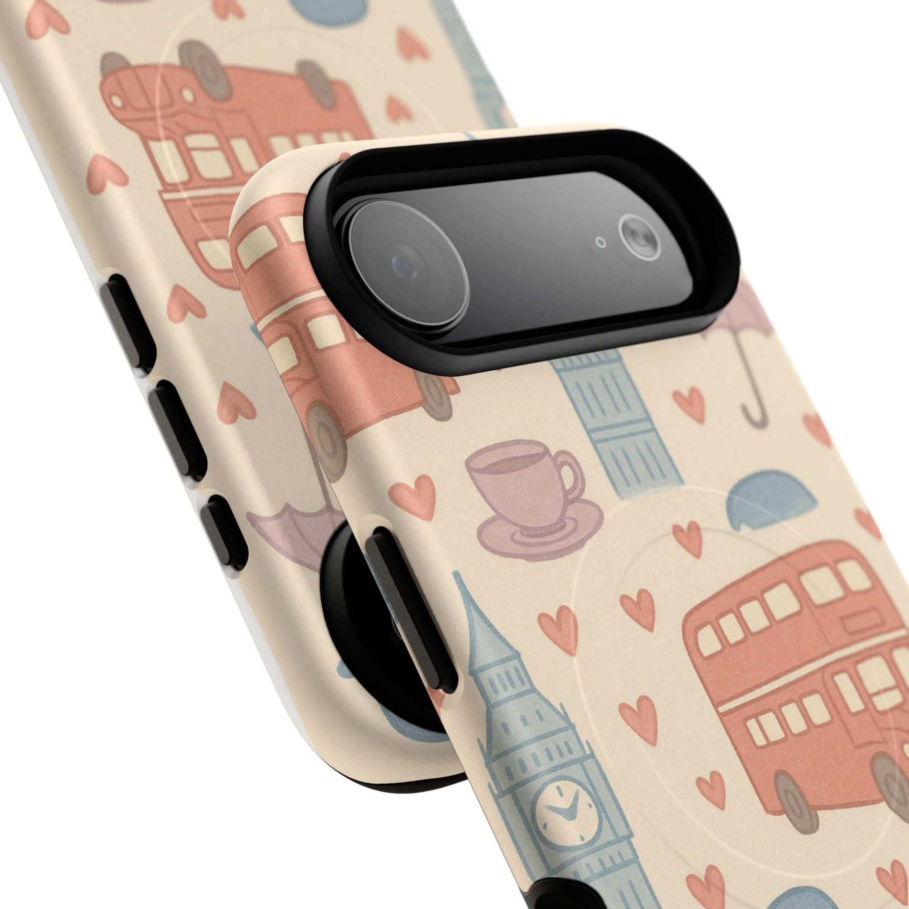 London Icons Hand-Drawn iPhone Case — Cute Double-Decker Bus & Big Ben Pattern with MagSafe compatibility  Shamo's
