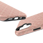 Meadow Lace – Blush Pink Lace Pattern MagSafe Phone Case, glossy vertical dual-camera model, port openings and edge details