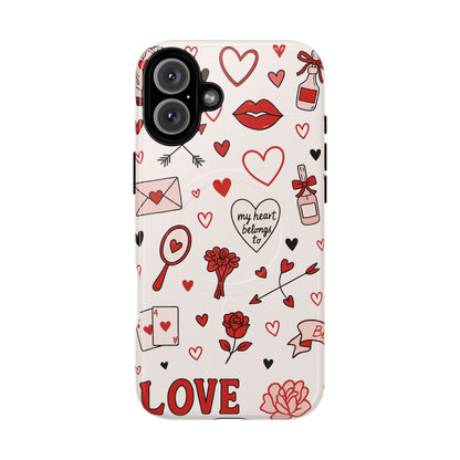 Romantic Love Doodle Tough iPhone Case ("LOVE", hearts, roses) (MagSafe compatible)