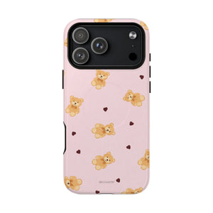 Pink phone case with small teddy bears and hearts pattern, fits large smartphone variant