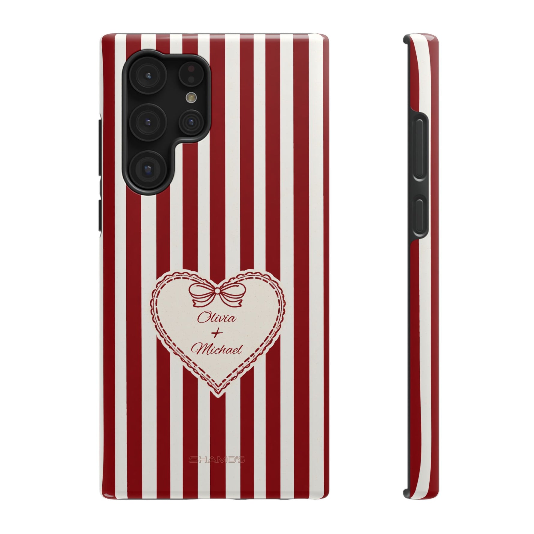 Funda personalizada a rayas — Diseño de corazón rojo y blanco (nombres personalizados)