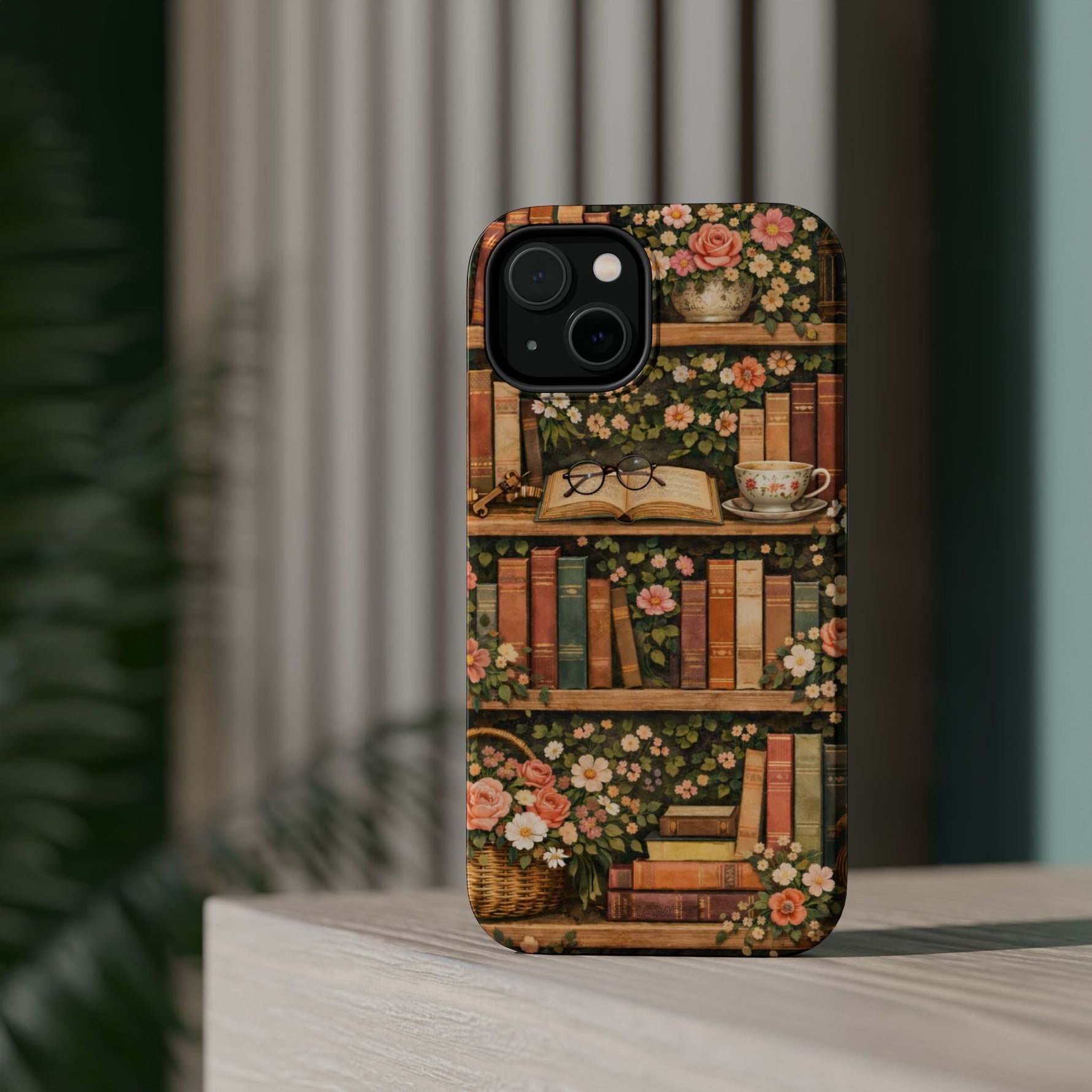 Floral Bookshelf iPhone Case — MagSafe Magnetic, Impact-Resistant
