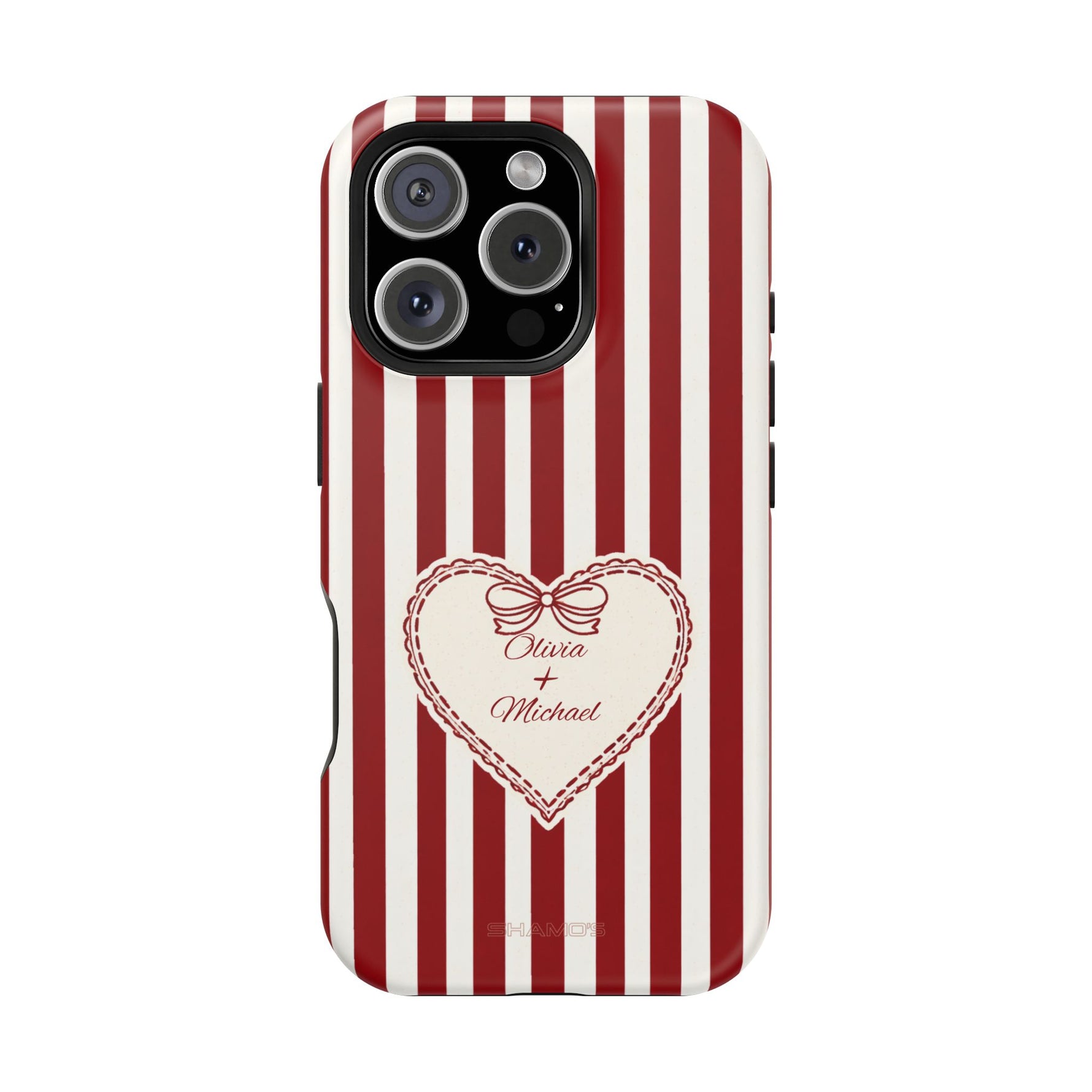 Funda personalizada a rayas — Diseño de corazón rojo y blanco (nombres personalizados)