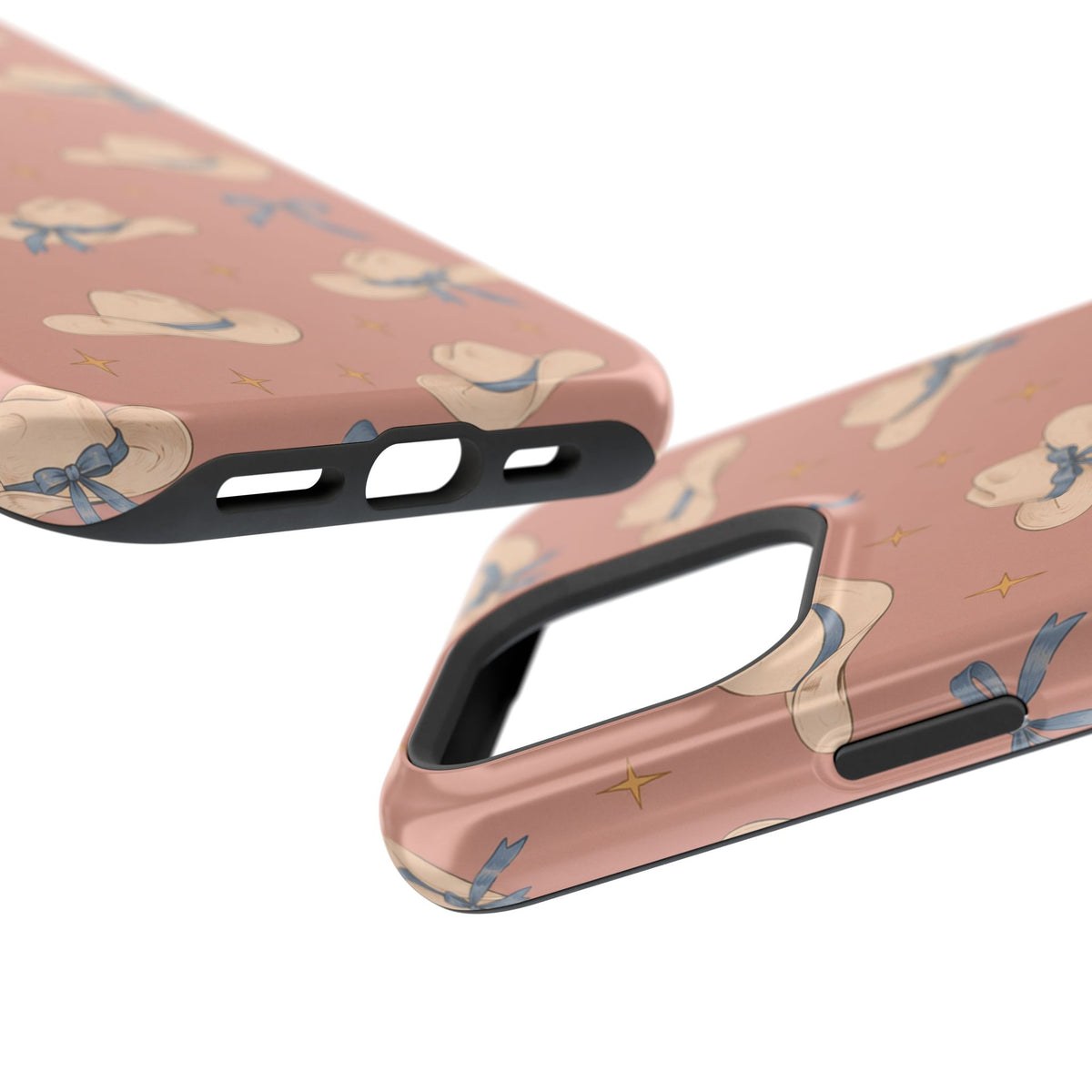 Ribbon Rodeo – Cowgirl Hat and Bow MagSafe Phone Case, Pink, glossy square triple-camera Pro model, port openings and edge details
