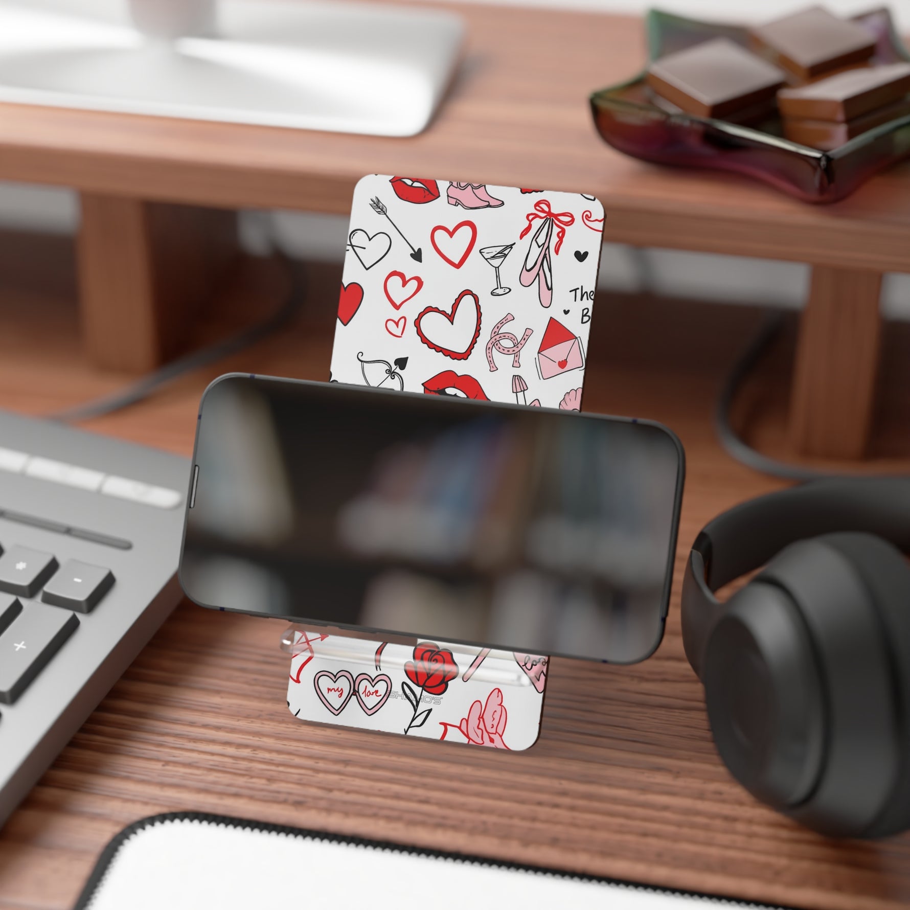 Valentine Doodle Phone Stand — Romantic Pattern Mobile Display Stand